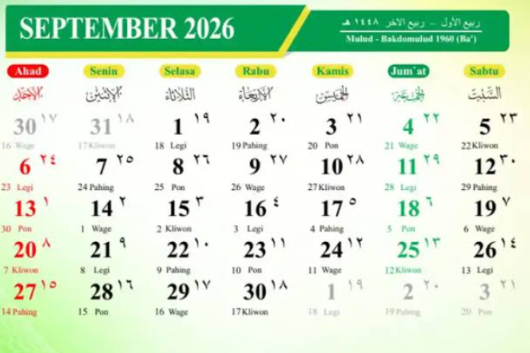Ini Dia Kalender Tanggalan Jawa September 2026 Terbaru, Lengkap dengan Weton dan Neptunya!